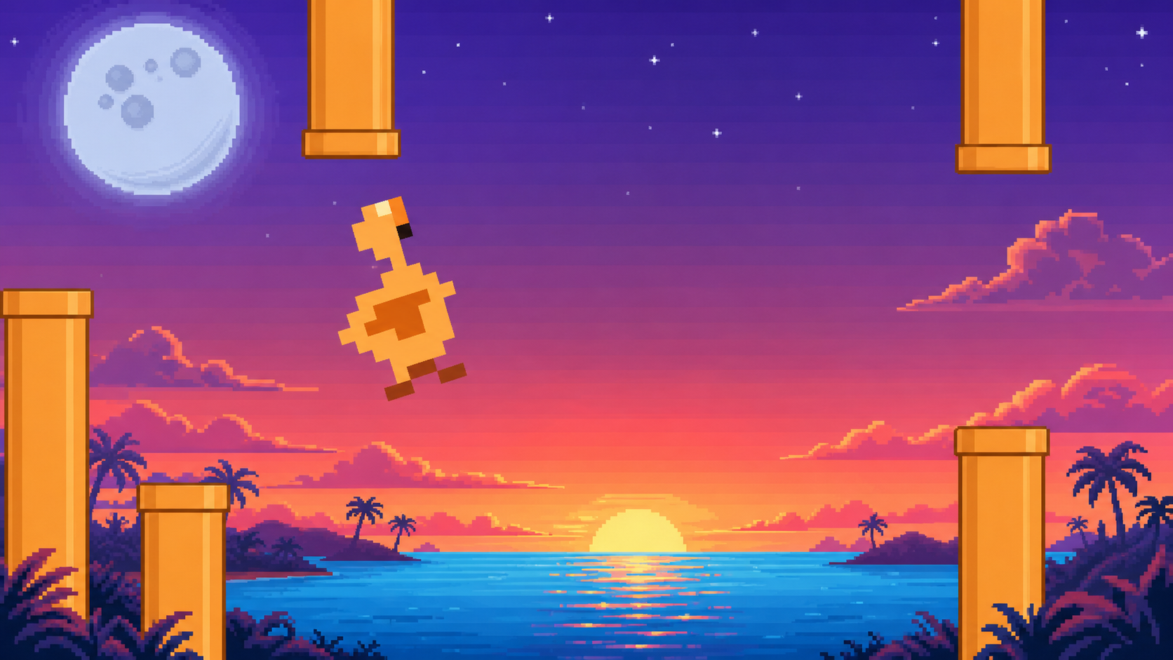 Flappy Flamingo flying through a colorful game stage