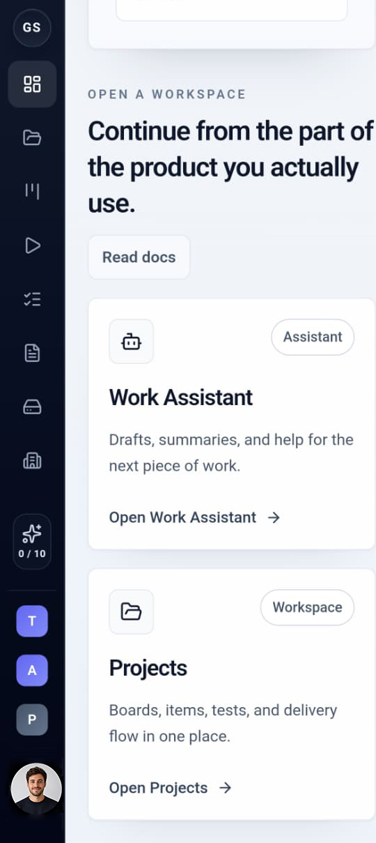 GumStory workspace home with Work Assistant and Projects entry points